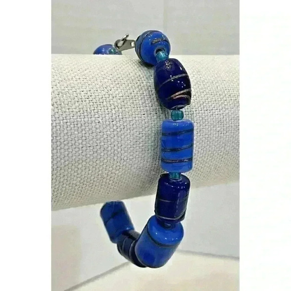 Pretty Ceramic Hand Painted Bead Bracelet Blue and Gold Spiral Art Artisan - Picture 1 of 4